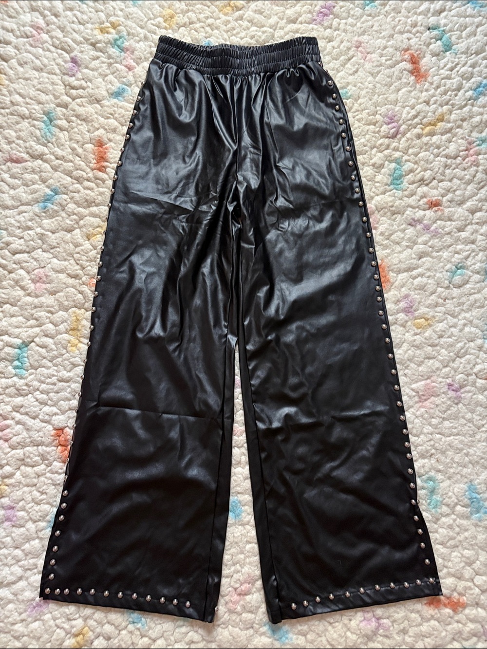 Wide Leg Faux Leather Pants with Studs Western